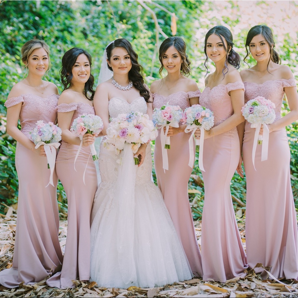 Blush Floral Lace Mermaid Maxi Bridesmaid Dress